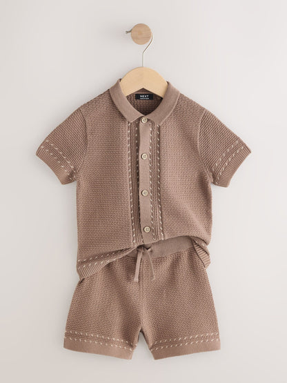 Tan Brown Textured Knitted Button Through Polo Shirt and Shorts Set (3mths-10yrs) image 6