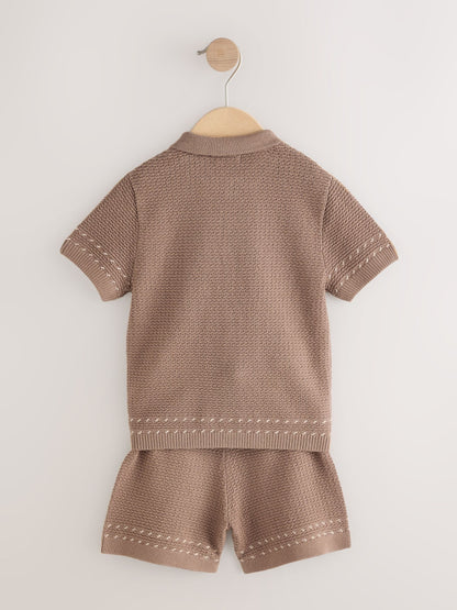 Tan Brown Textured Knitted Button Through Polo Shirt and Shorts Set (3mths-10yrs) image 7