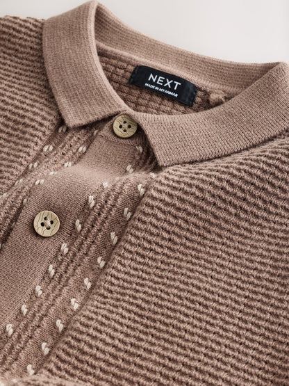 Tan Brown Textured Knitted Button Through Polo Shirt and Shorts Set (3mths-10yrs) image 9