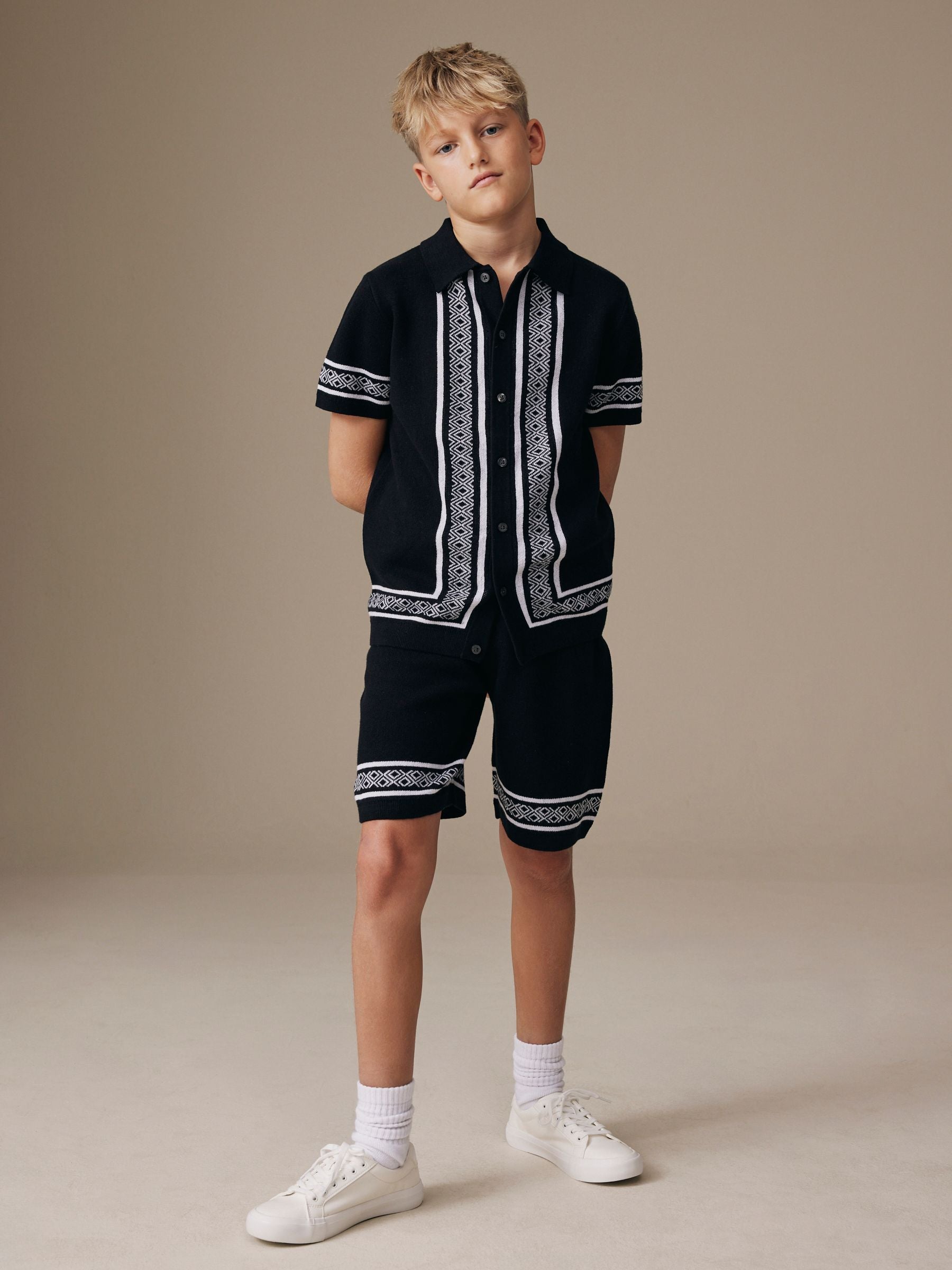 Dsiney Kidz - Monochrome Knitted Polo Shirt And Shorts Set (3-16yrs) image 1