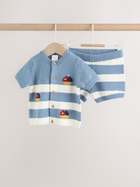 Blue Nautical Stripe Knitted Top and Shorts Baby Set (0mths-2yrs) image 1