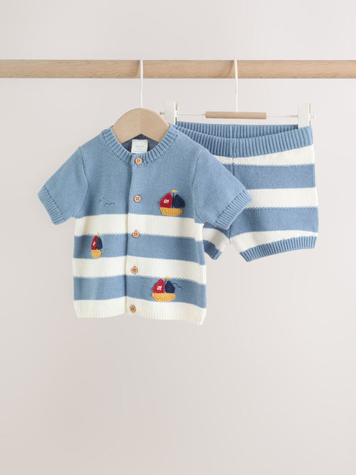Blue Nautical Stripe Knitted Top and Shorts Baby Set (0mths-2yrs) image 1