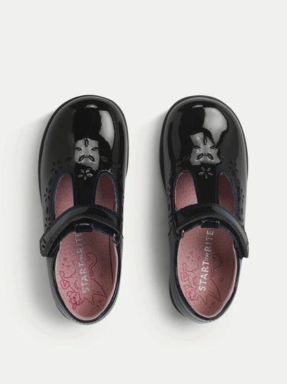 Start-Rite Black Patent Wide Fit Charlotte T-Bar Rip Tape Shiny School Shoes image 4