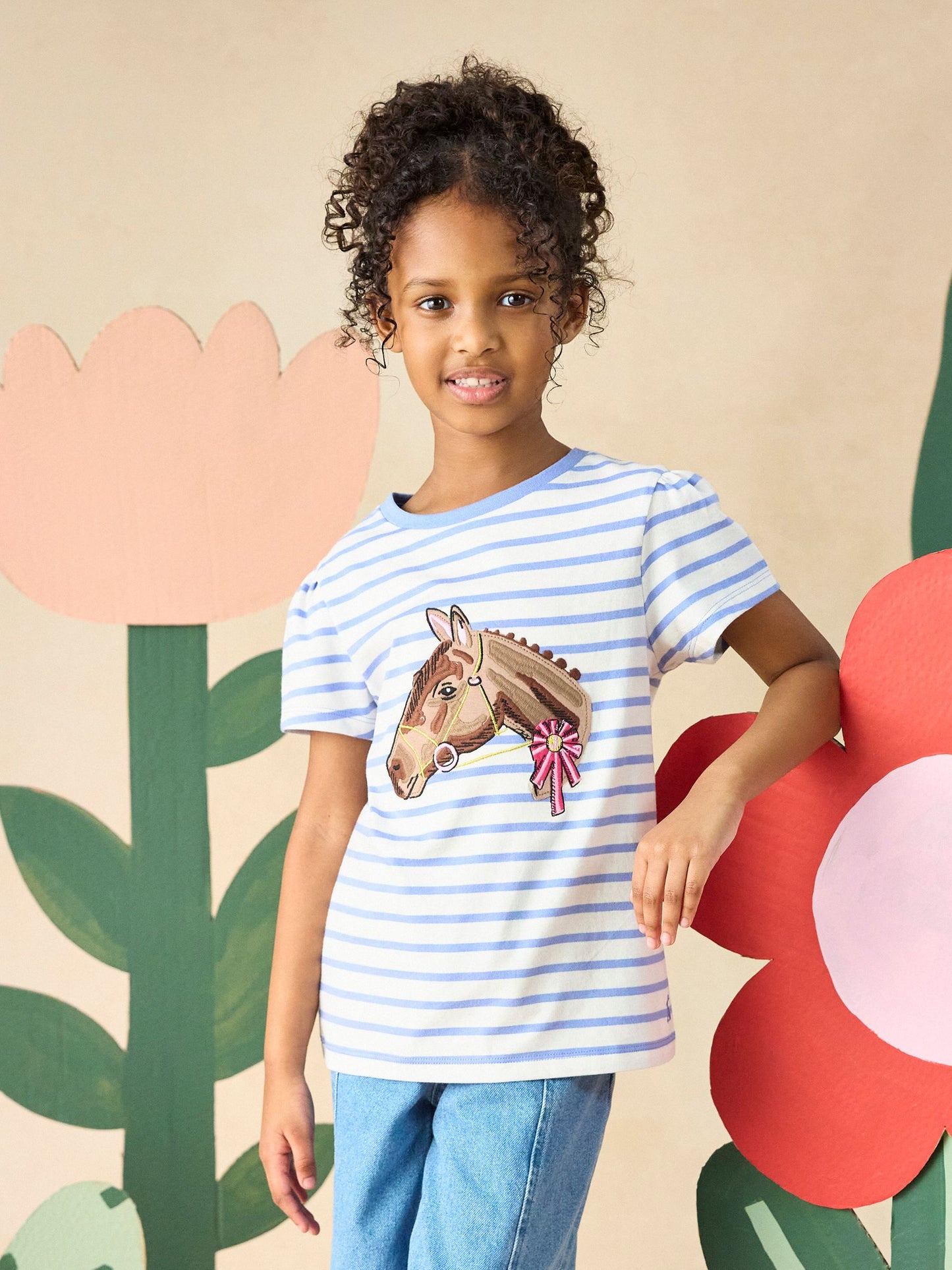 Joules Girls' Astra White & Blue Striped Horse Applique Cotton T-Shirt image 1