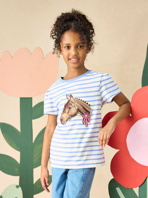 Joules Girls' Astra White & Blue Striped Horse Applique Cotton T-Shirt image 1