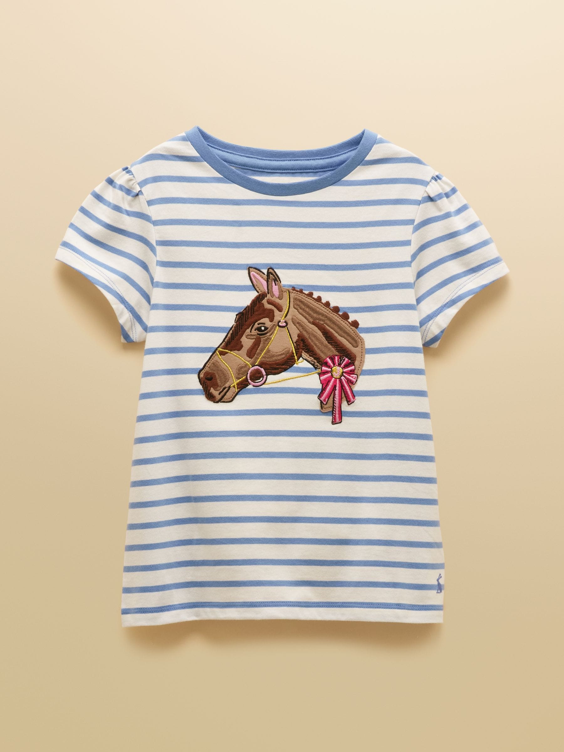 Joules Girls' Astra White & Blue Striped Horse Applique Cotton T-Shirt image 3
