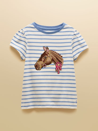 Joules Girls' Astra White & Blue Striped Horse Applique Cotton T-Shirt image 3