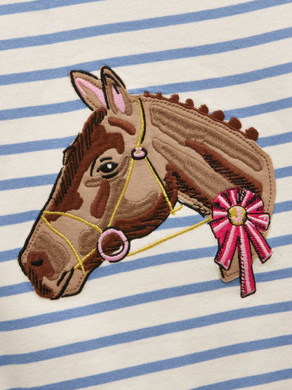 Joules Girls' Astra White & Blue Striped Horse Applique Cotton T-Shirt image 6