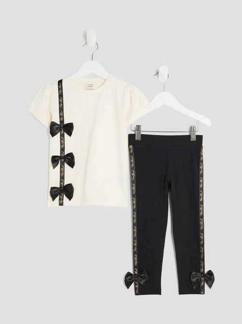 River Island Cream Girls Branded Bow T-Shirt Set image 1
