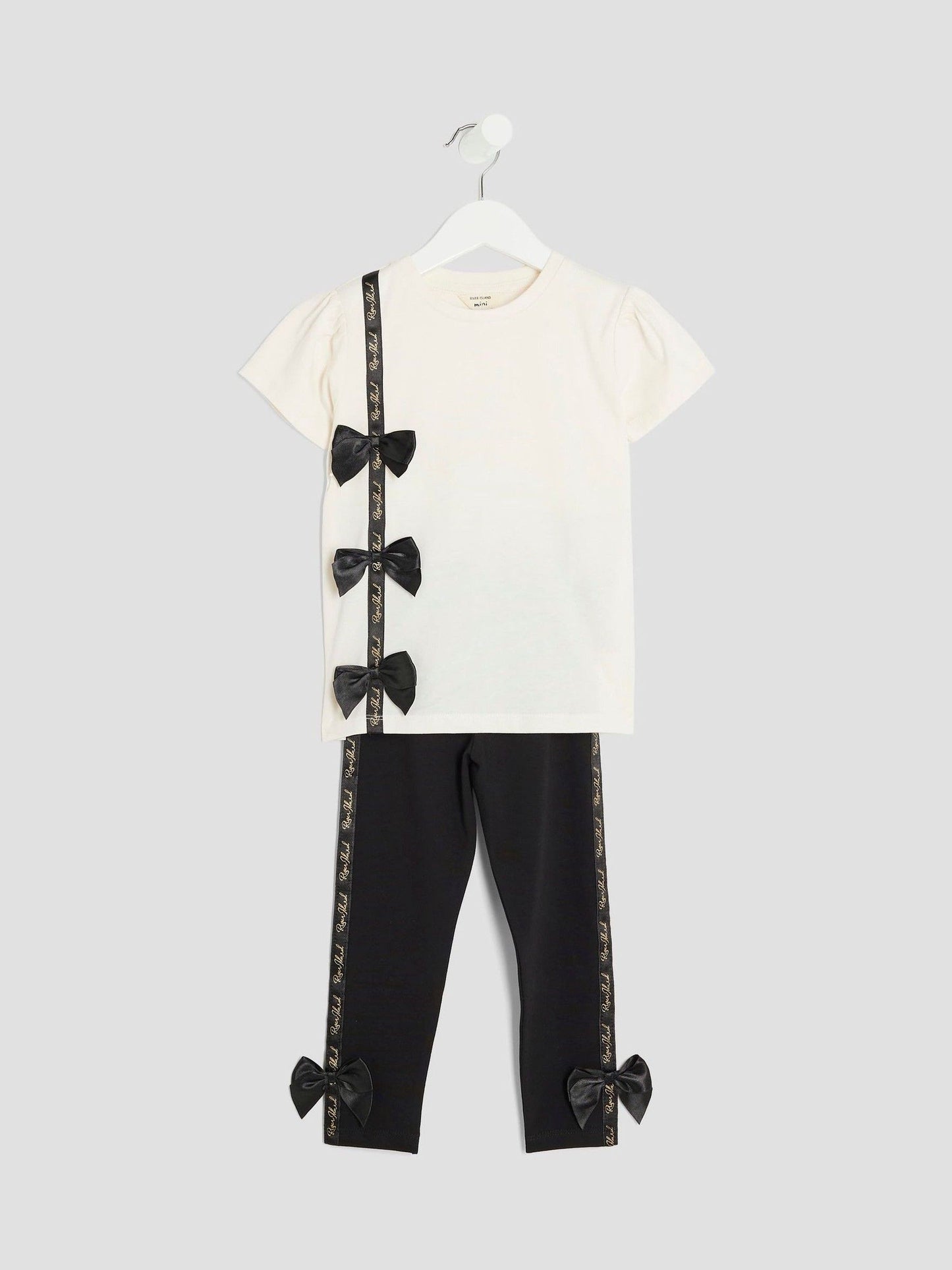 River Island Cream Girls Branded Bow T-Shirt Set image 2