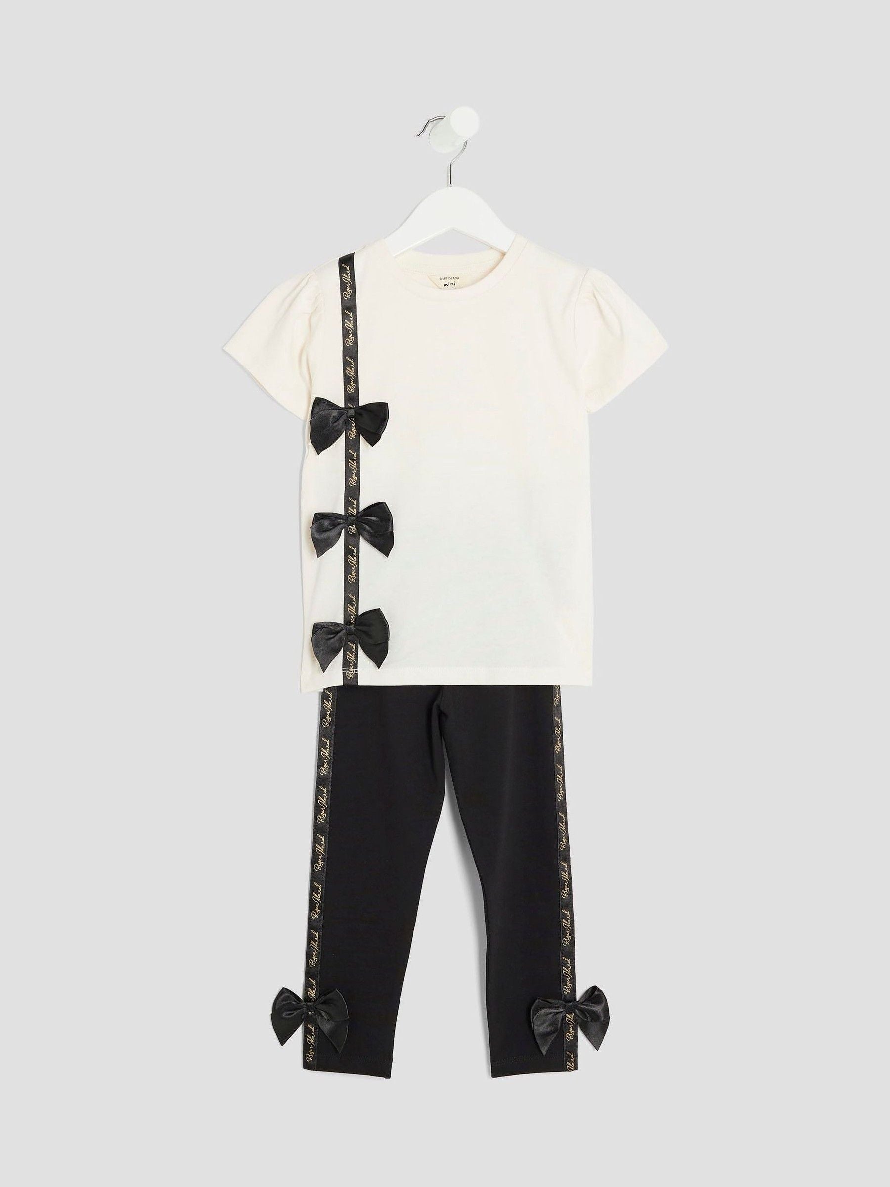 River Island Cream Girls Branded Bow T-Shirt Set image 2