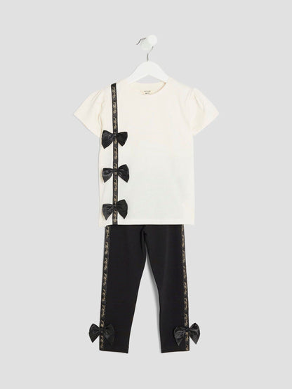 River Island Cream Girls Branded Bow T-Shirt Set image 2