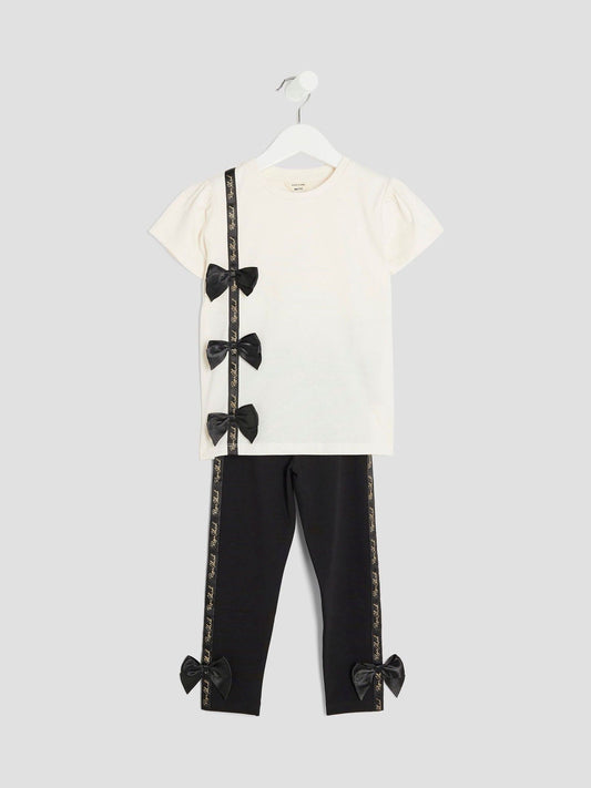 River Island Cream Girls Branded Bow T-Shirt Set image 2