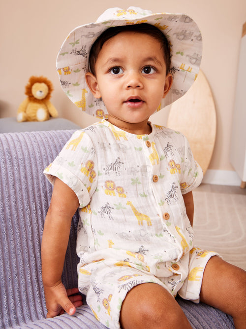 JoJo Maman Bébé Cream Safari Cheesecloth Romper & Hat Set image 1