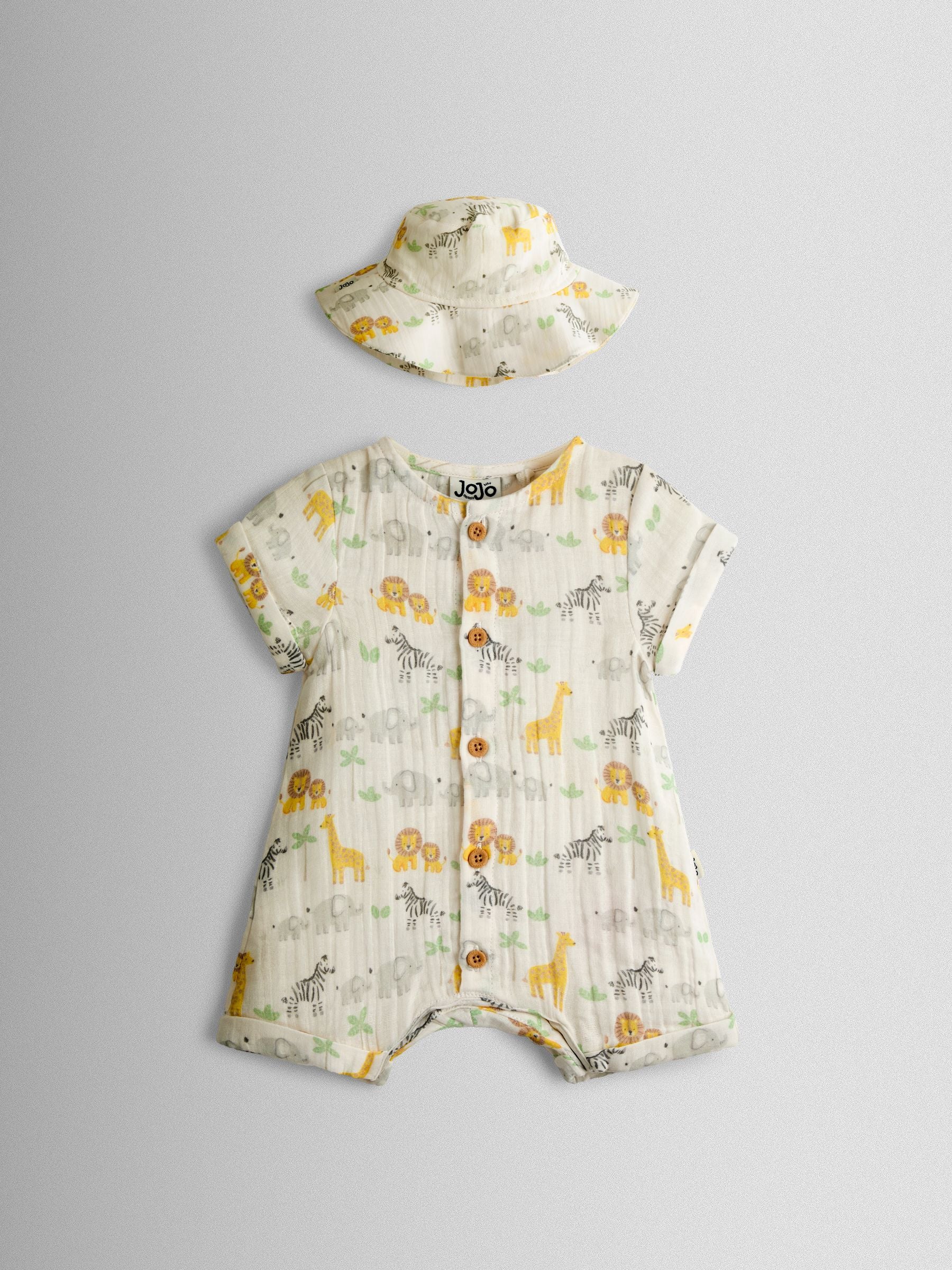 JoJo Maman Bébé Cream Safari Cheesecloth Romper & Hat Set image 2