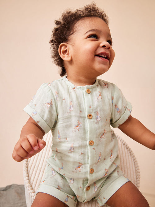 JoJo Maman Bébé Green Peter Rabbit™ Cheesecloth Romper image 1