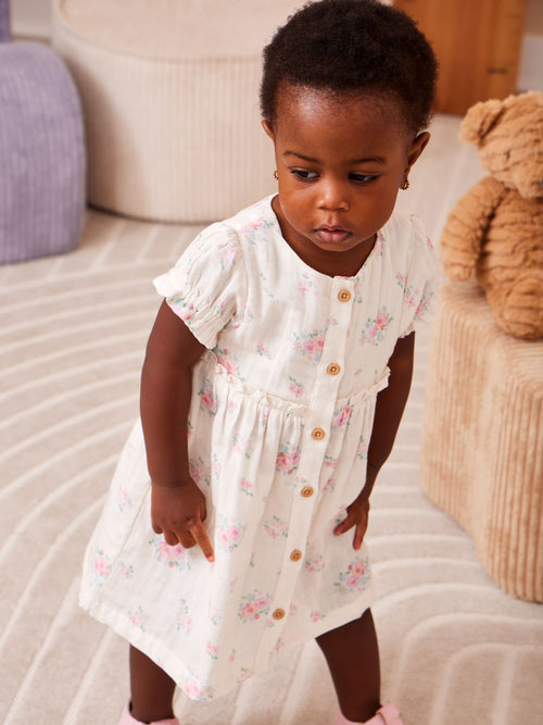 JoJo Maman Bébé Cream Floral Dress and Knicker Set image 1