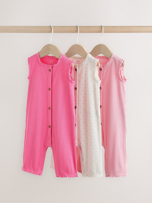 Pink Tonal Button Through Wide Leg Jersey Baby Rompers 3 Pack image 1