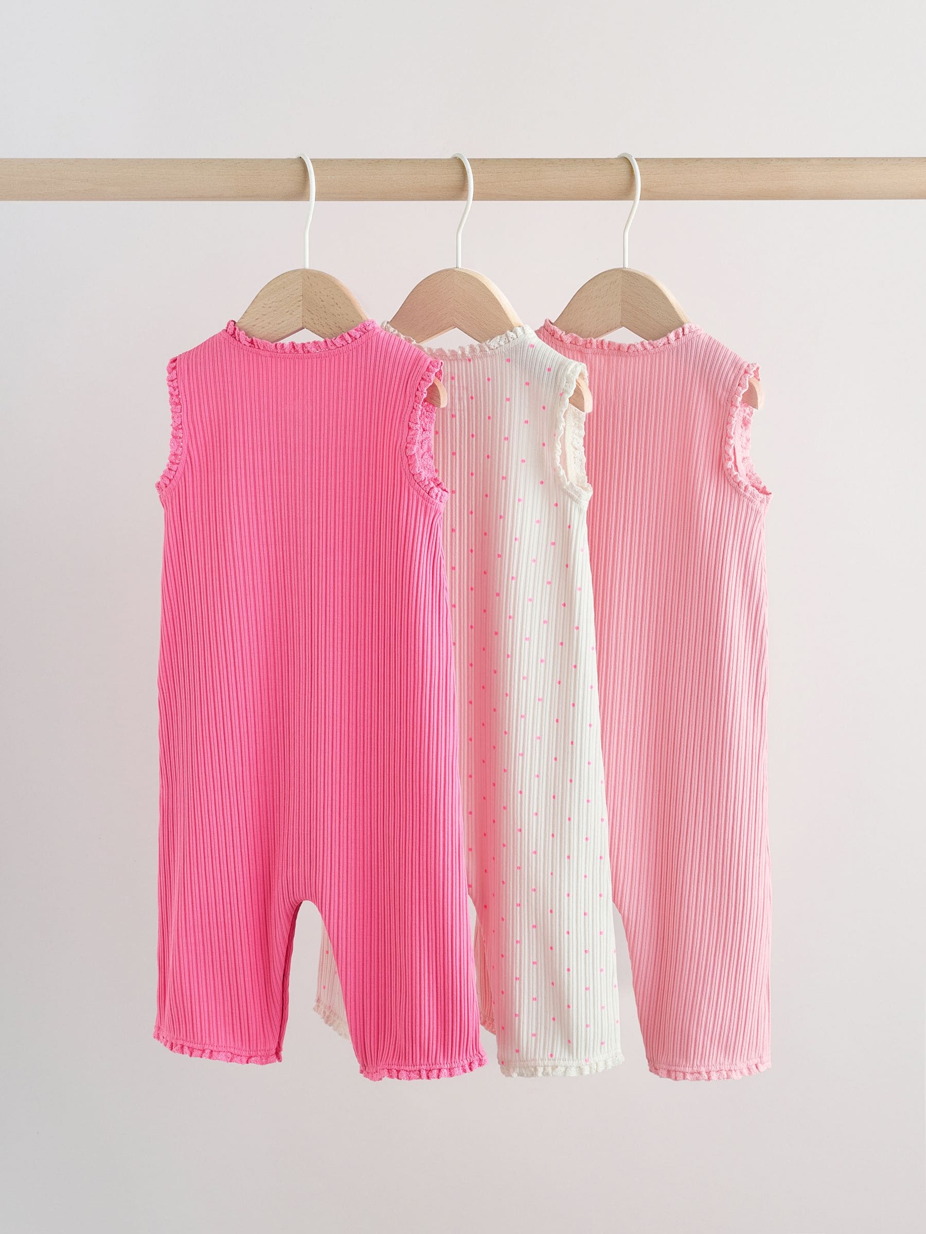 Pink Tonal Button Through Wide Leg Jersey Baby Rompers 3 Pack image 4