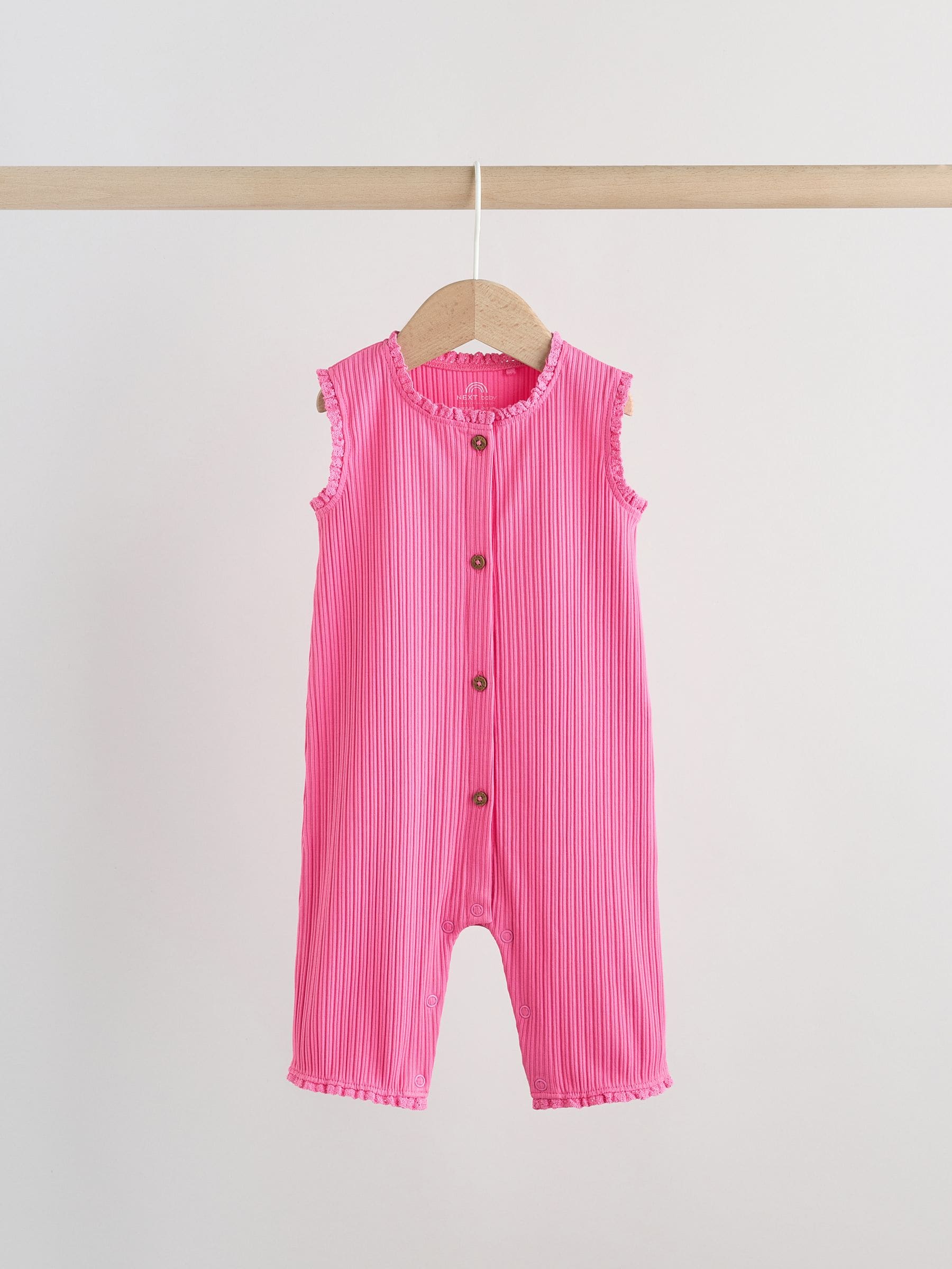 Pink Tonal Button Through Wide Leg Jersey Baby Rompers 3 Pack image 7