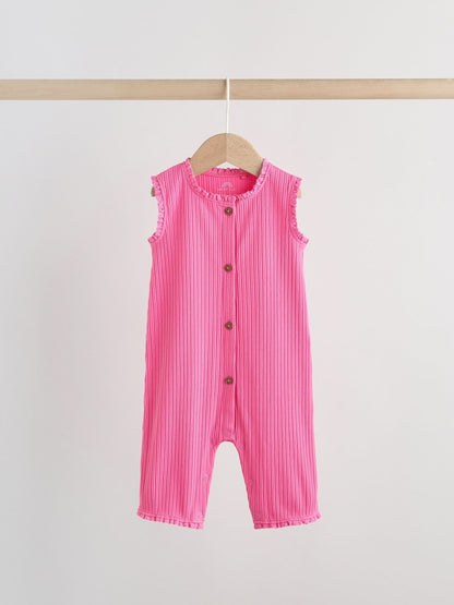 Pink Tonal Button Through Wide Leg Jersey Baby Rompers 3 Pack image 7
