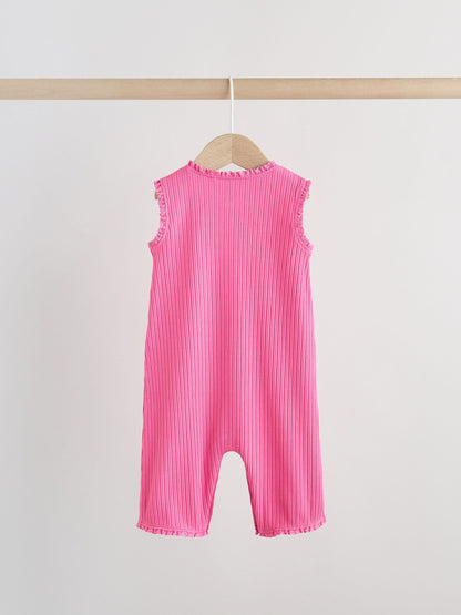 Pink Tonal Button Through Wide Leg Jersey Baby Rompers 3 Pack image 8