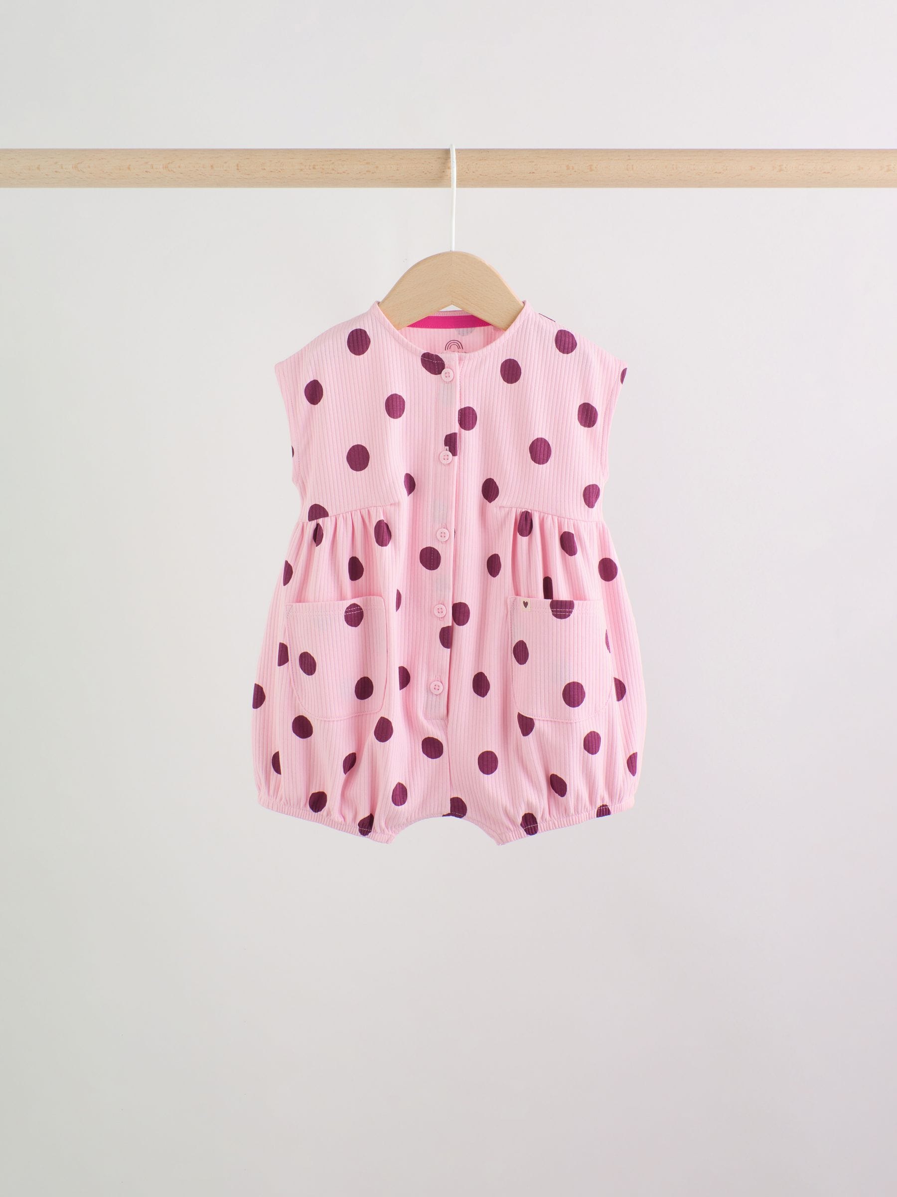 Pink Polka Dot Button Through Baby Rompers 3 Pack image 4
