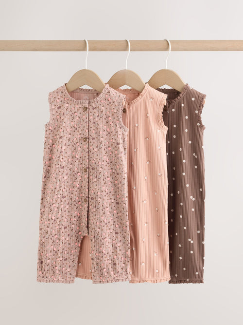 Brown Tonal Floral Printed Button Through Rompers 3 Pack image 1