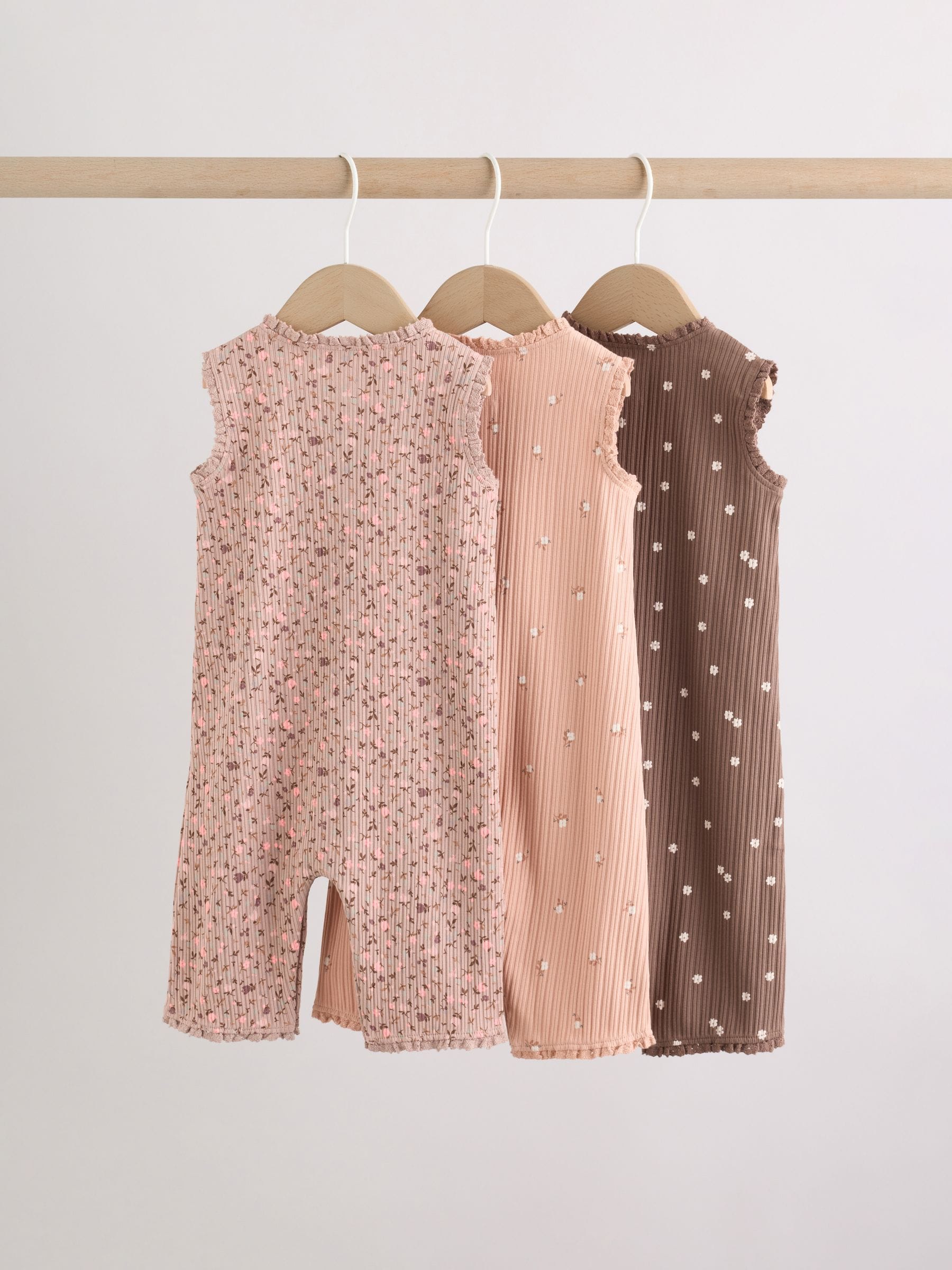 Brown Tonal Floral Printed Button Through Rompers 3 Pack image 5