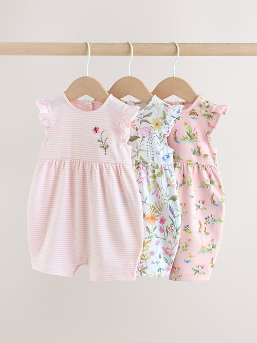 Pink Floral Frill Shoulder Baby Rompers 3 Pack image 1