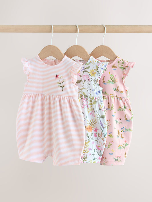 Pink Floral Frill Shoulder Baby Rompers 3 Pack image 1
