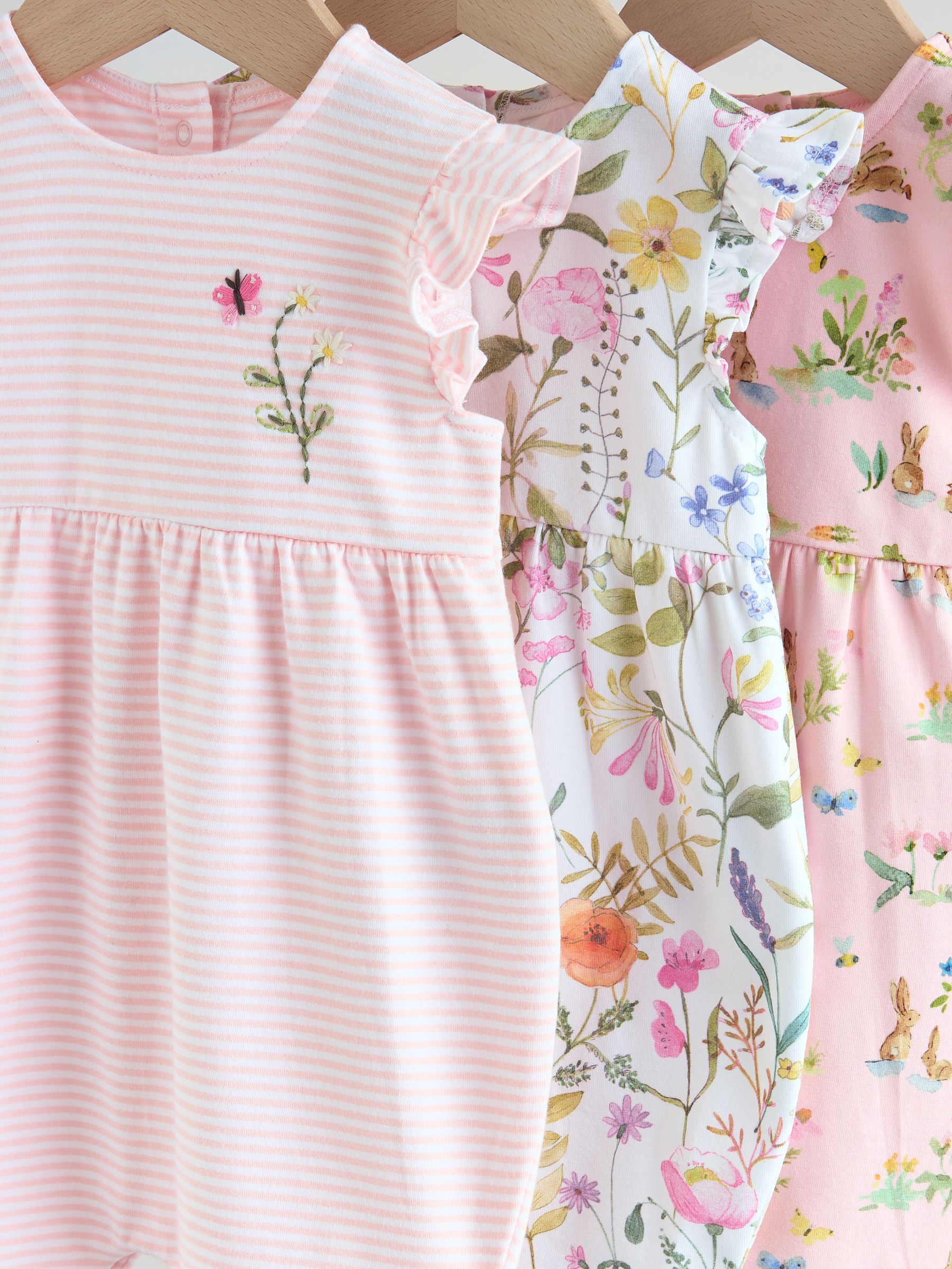 Pink Floral Frill Shoulder Baby Rompers 3 Pack image 7