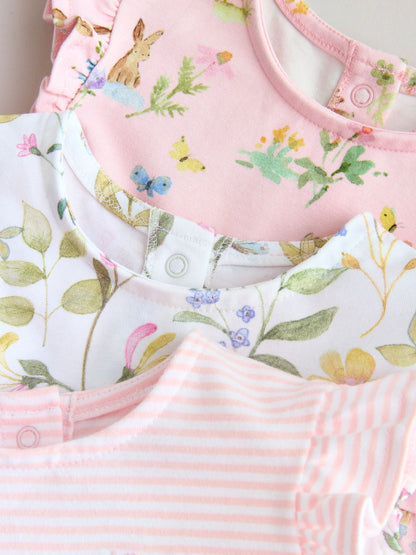Pink Floral Frill Shoulder Baby Rompers 3 Pack image 8
