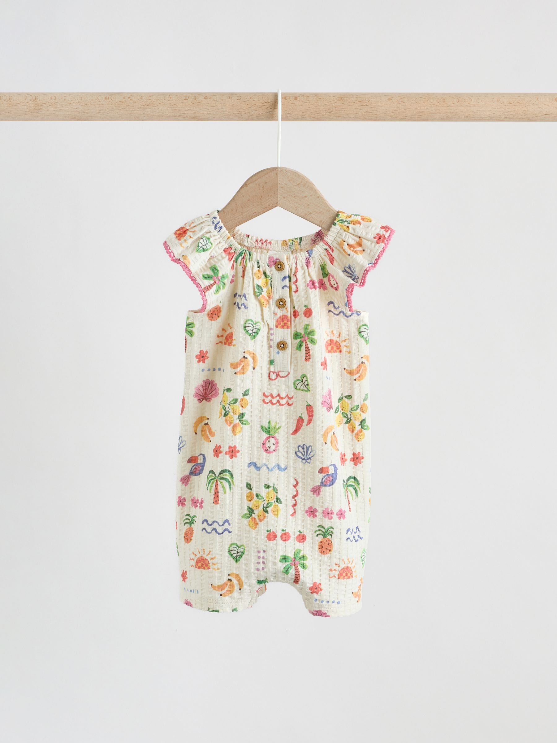 Natural/Coral Fruit Printed Textured Jersey Baby Rompers 2 Pack image 3