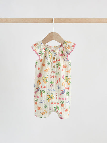 Natural/Coral Fruit Printed Textured Jersey Baby Rompers 2 Pack image 3