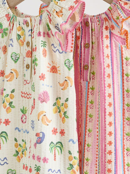 Natural/Coral Fruit Printed Textured Jersey Baby Rompers 2 Pack image 6