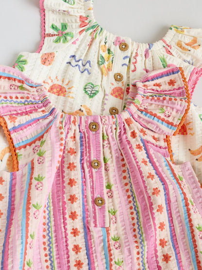 Natural/Coral Fruit Printed Textured Jersey Baby Rompers 2 Pack image 7