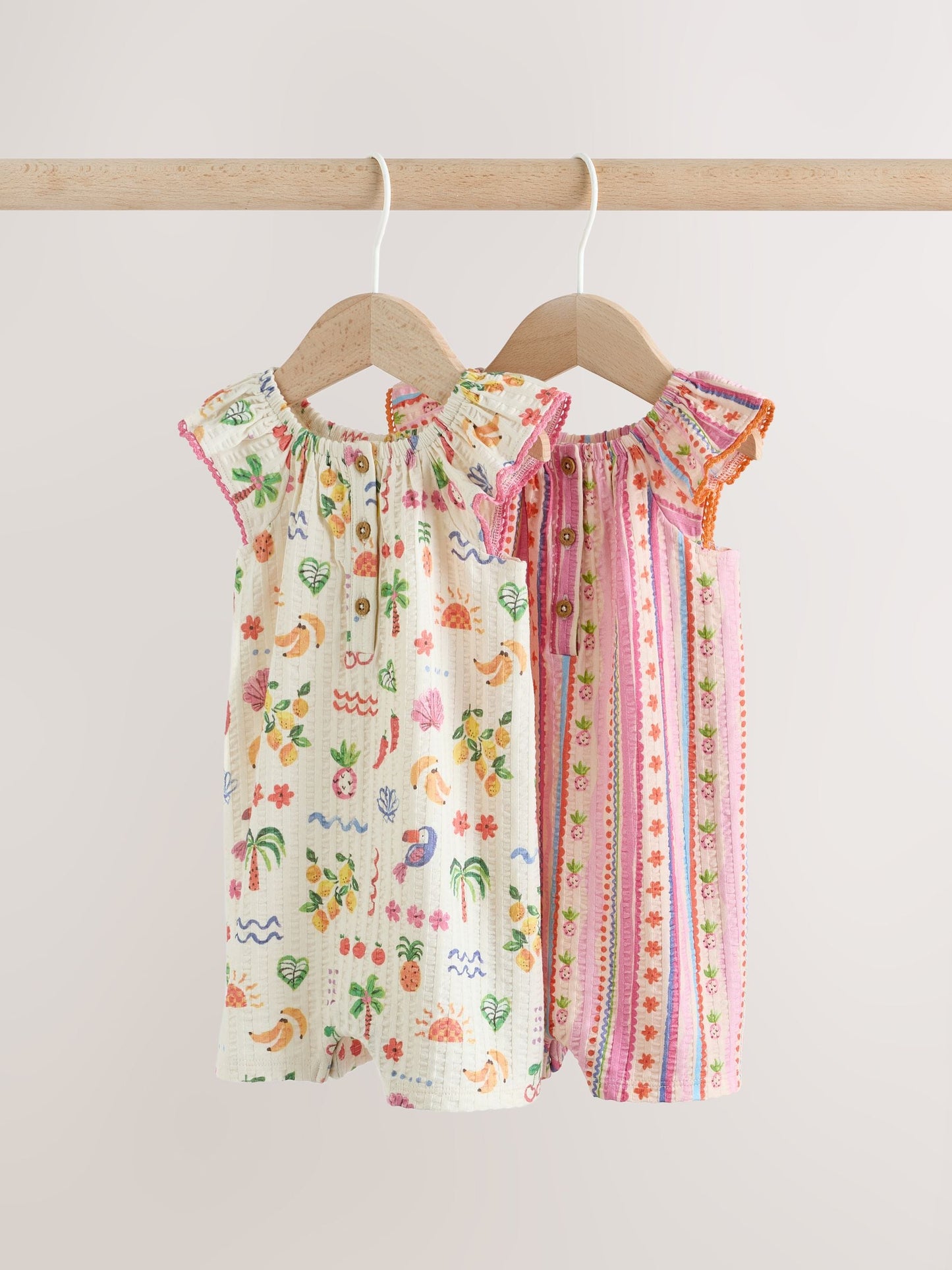 Natural/Coral Fruit Printed Textured Jersey Baby Rompers 2 Pack image 1