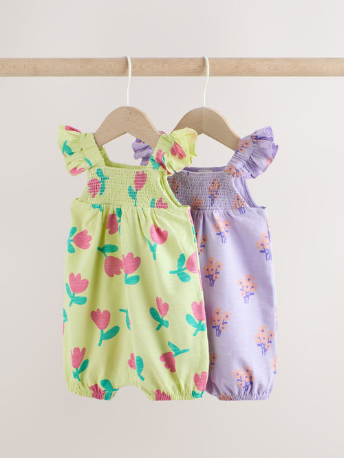 Purple and Green Floral 2 Pack Smocked Smocked Baby Rompers 2 Pack image 1