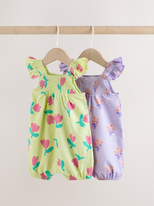 Purple and Green Floral 2 Pack Smocked Smocked Baby Rompers 2 Pack image 1