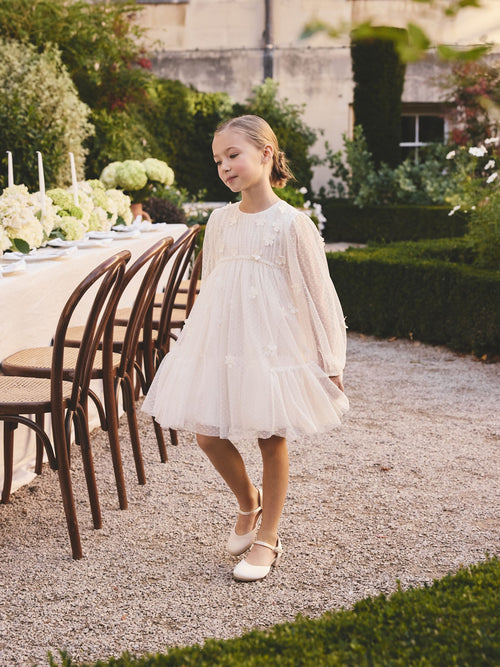 Dsiney Kidz - Ecru White 3D Flower Long Sleeve Mesh Flower Dress (3-16yrs) image 1