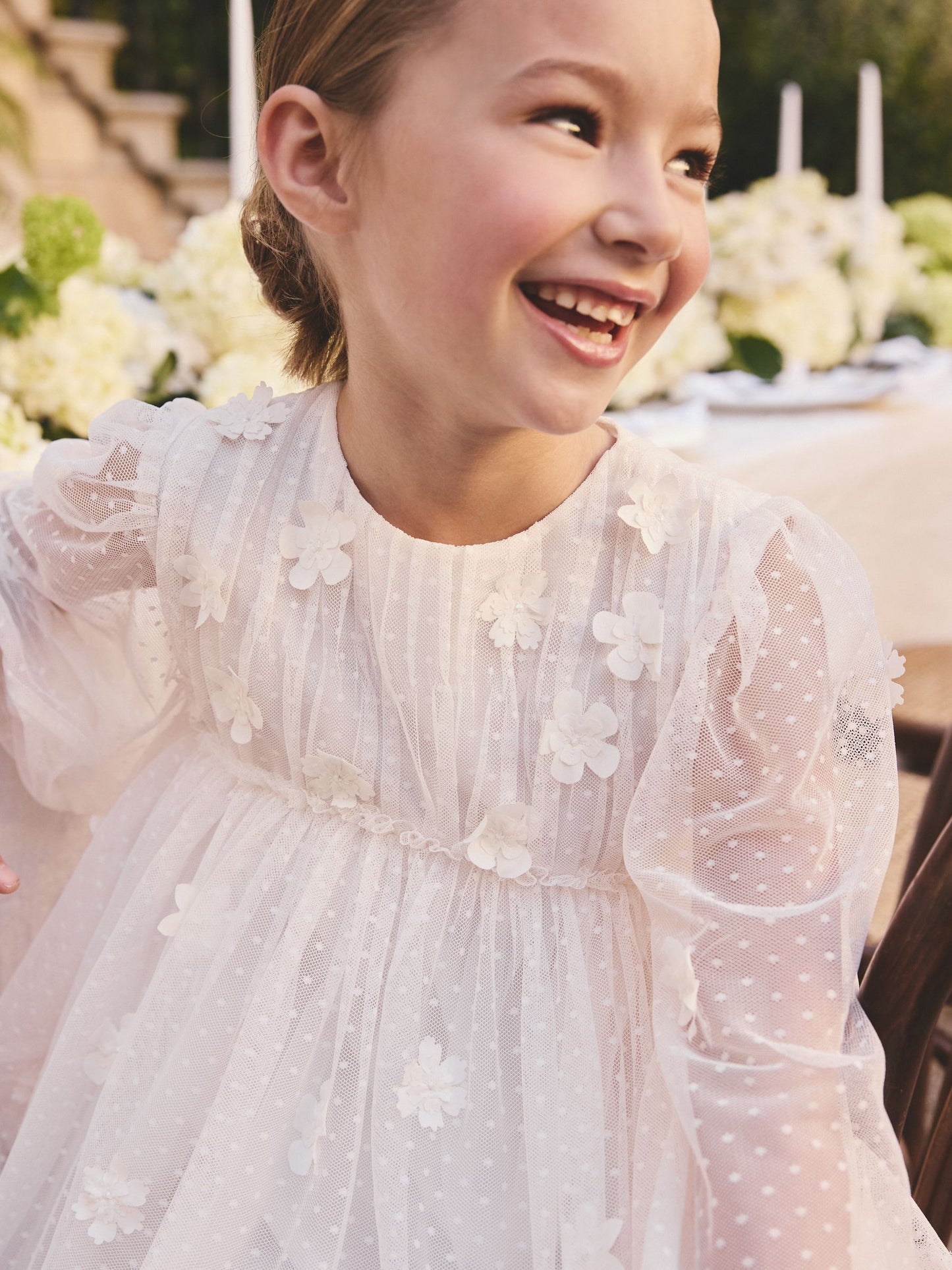Ecru White 3D Flower Long Sleeve Mesh Flower Dress (3-16yrs) image 3