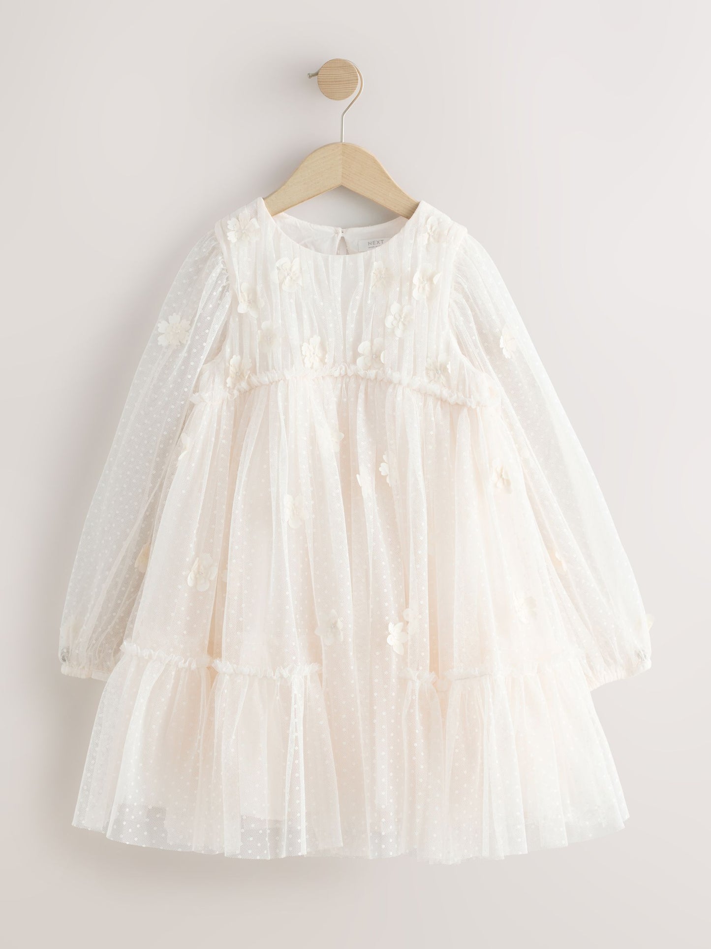 Ecru White 3D Flower Long Sleeve Mesh Flower Dress (3-16yrs) image 4