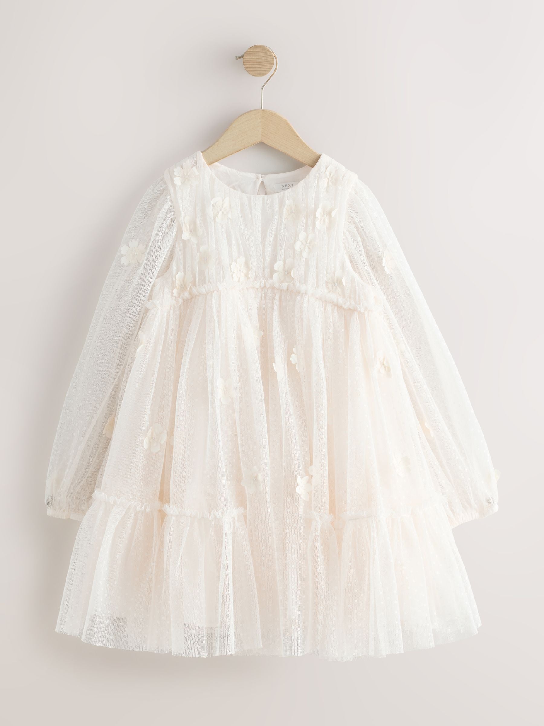 Ecru White 3D Flower Long Sleeve Mesh Flower Dress (3-16yrs) image 4
