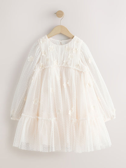 Ecru White 3D Flower Long Sleeve Mesh Flower Dress (3-16yrs) image 4
