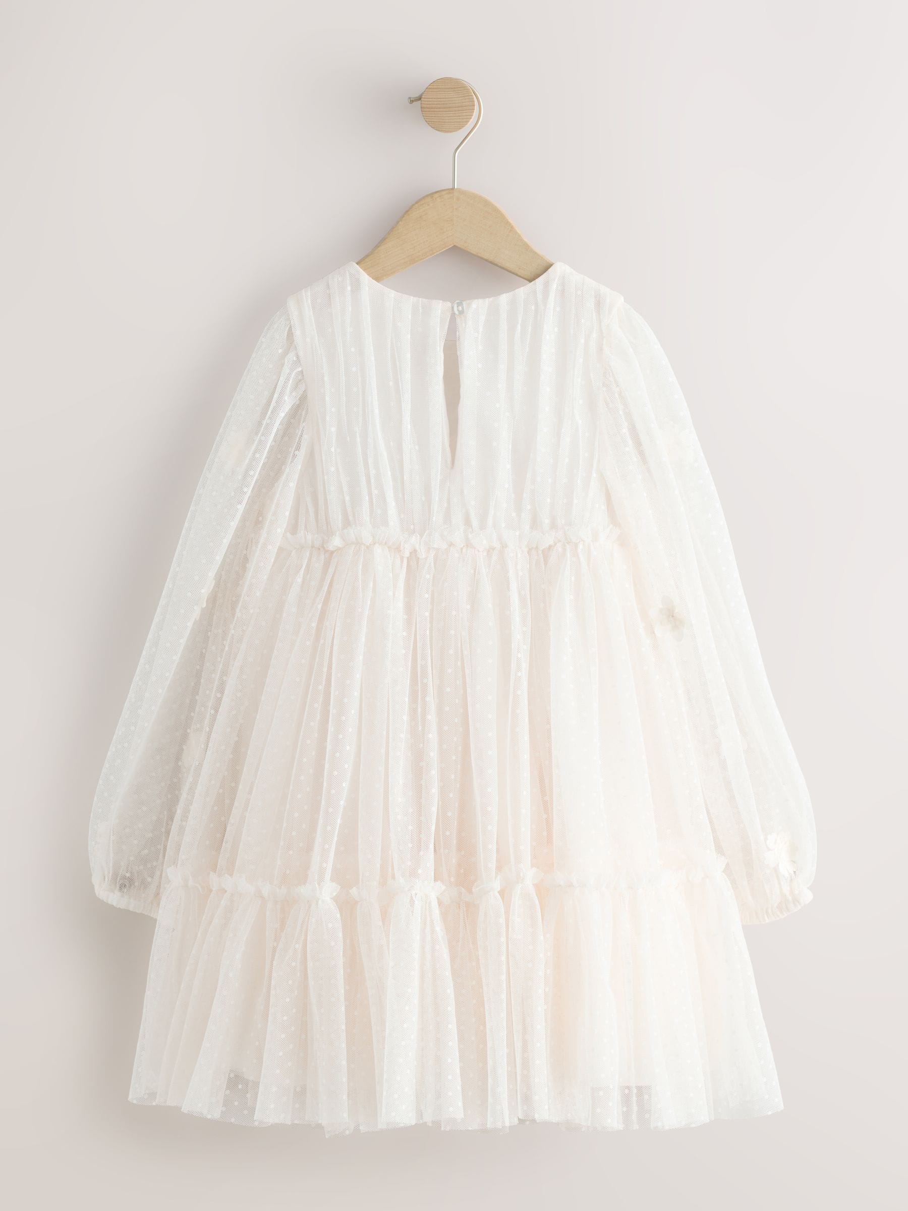Ecru White 3D Flower Long Sleeve Mesh Flower Dress (3-16yrs) image 5