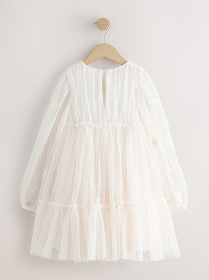 Ecru White 3D Flower Long Sleeve Mesh Flower Dress (3-16yrs) image 5