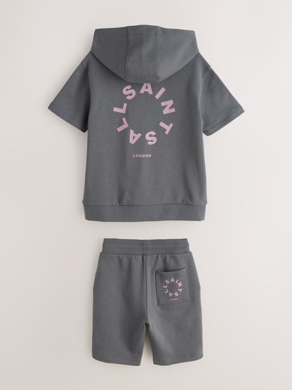 Dsiney Kidz - smALLSAINTS Charcoal Grey Tierra Oversized Short Sleeve Hoodie and Shorts Set image 9