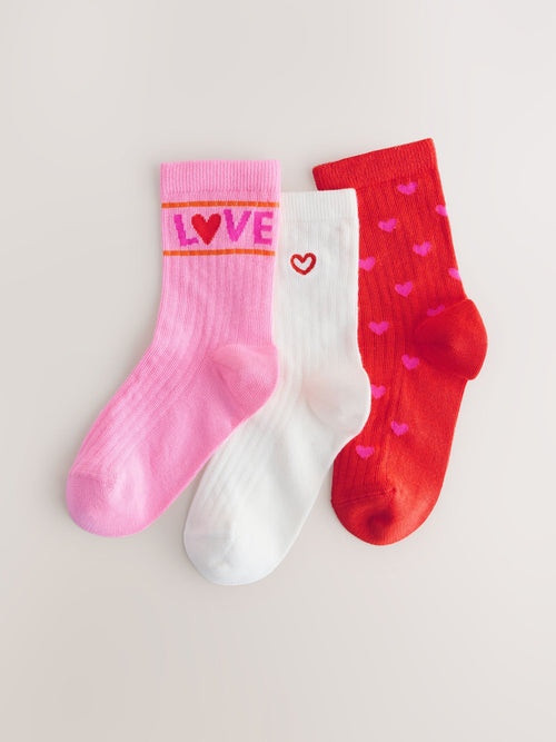 Pink/Red Cotton Rich Ribbed Ankle Socks 3 Pack image 1