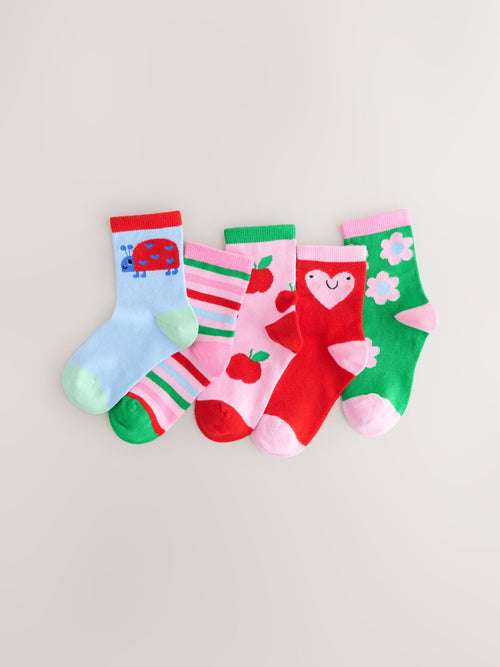 Pink Red and Green Cotton Rich Charcter Ankle Socks 5 Pack image 1